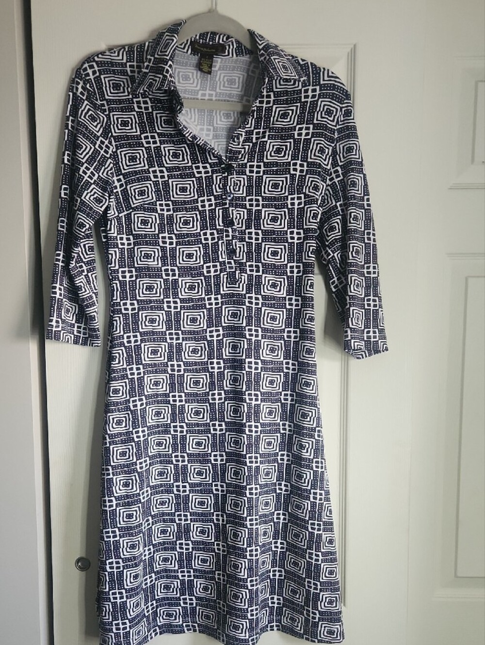Tommy Bahama Navy and White Geometric Fit-and-Flare Dress